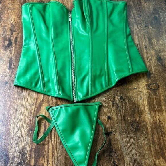 New green corset vegan leather front zip/back lace up Halloween XL - Picture 7 of 8